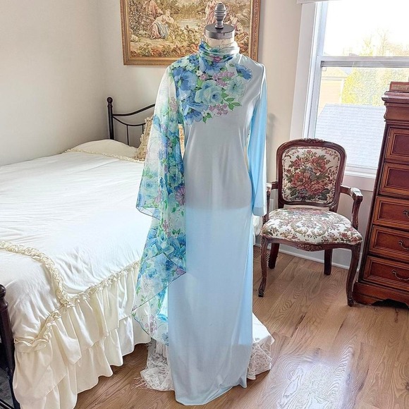 70s blue floral formal dress elegant long sleeve